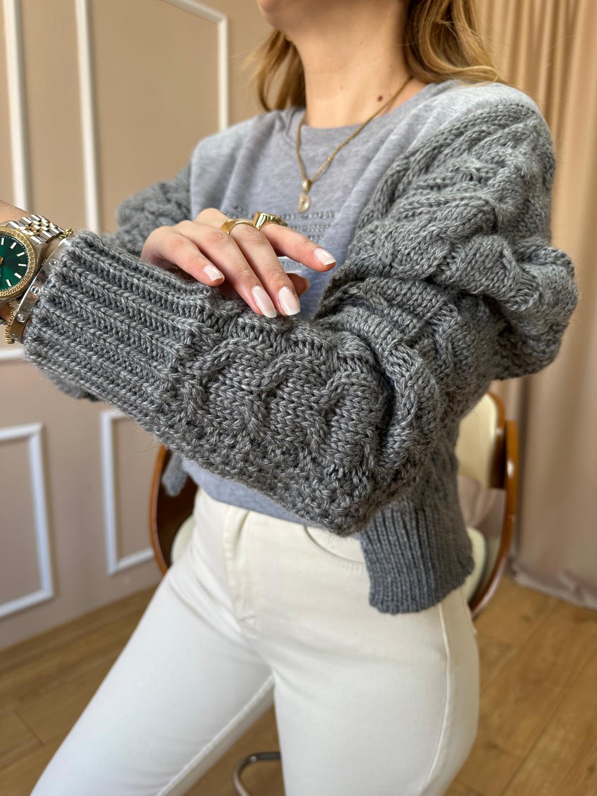Gri Kolları Örgü Sweatshirt
