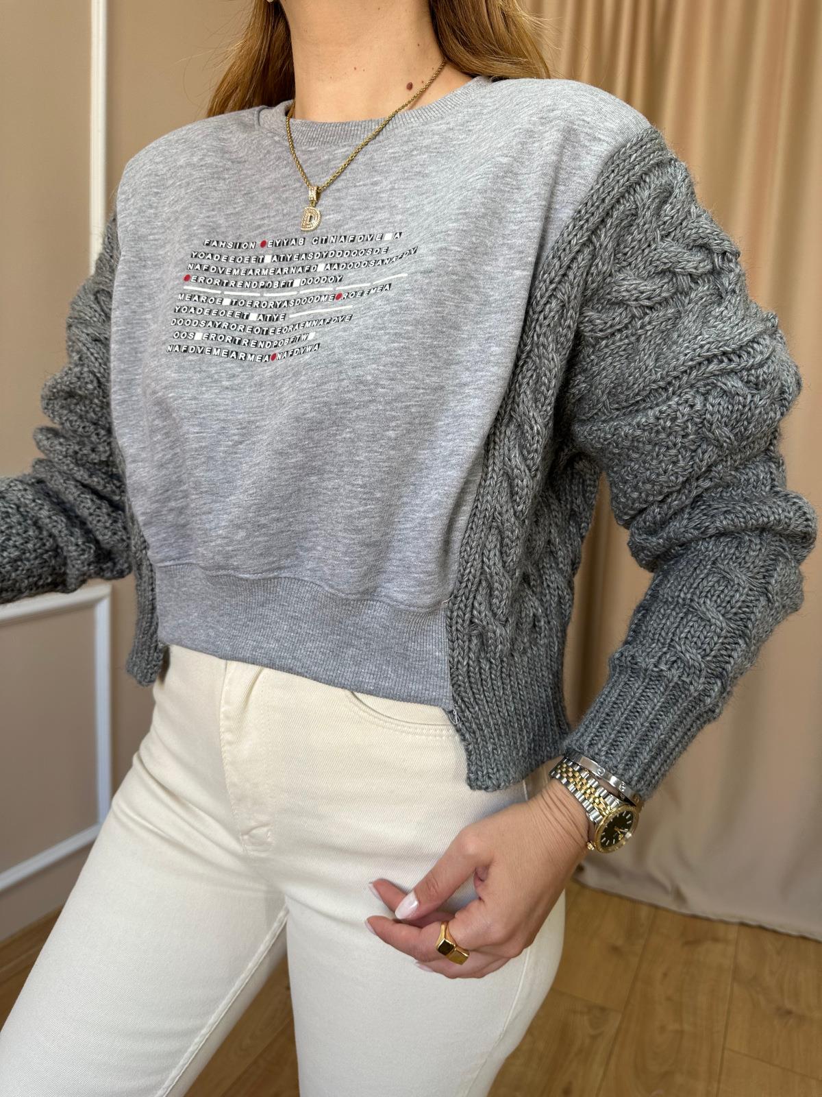Gri Kolları Örgü Sweatshirt