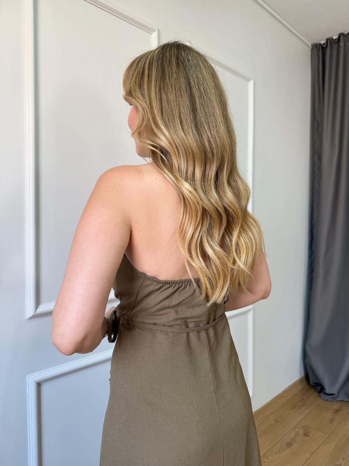 Haki Boyun Askılı Keten Elbise