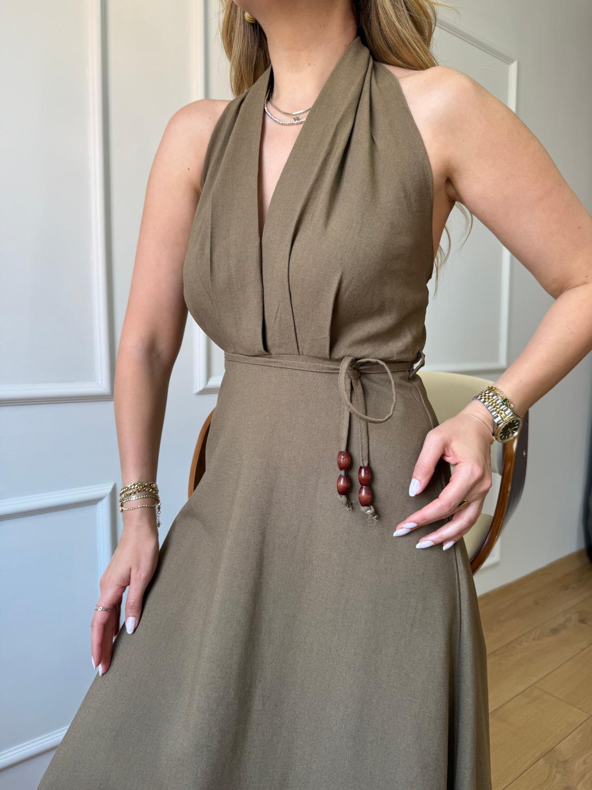 Haki Boyun Askılı Keten Elbise