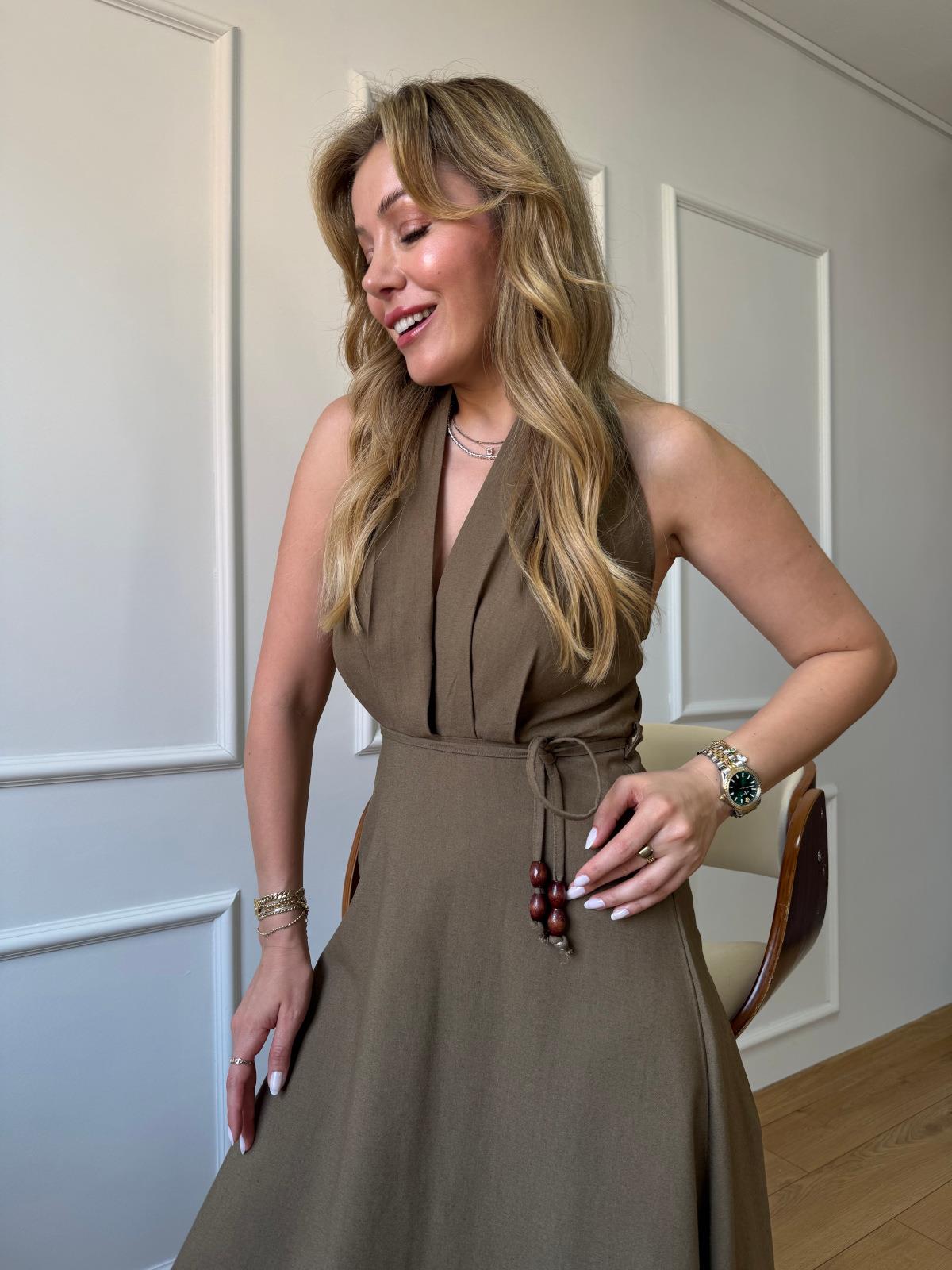 Haki Boyun Askılı Keten Elbise