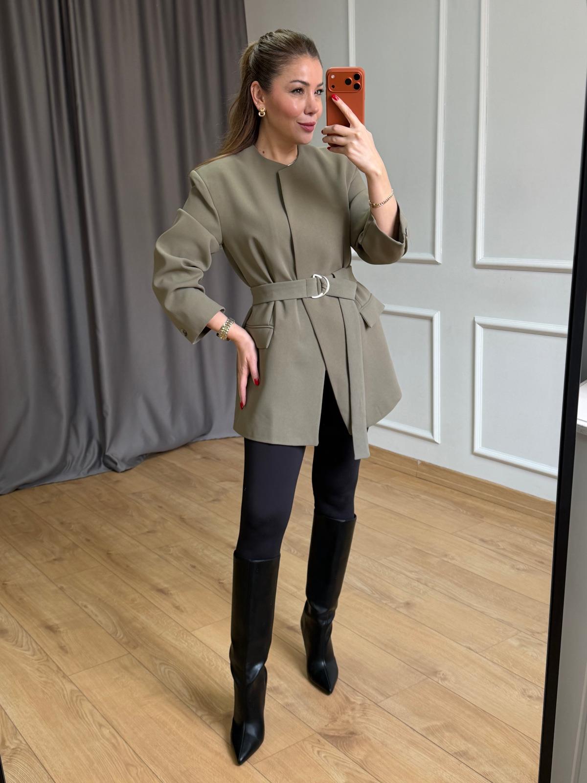 Haki Kuşaklı Blazer Ceket