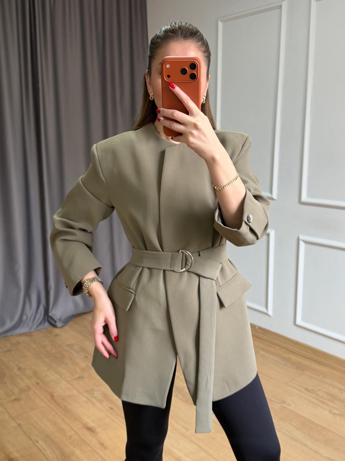 Haki Kuşaklı Blazer Ceket