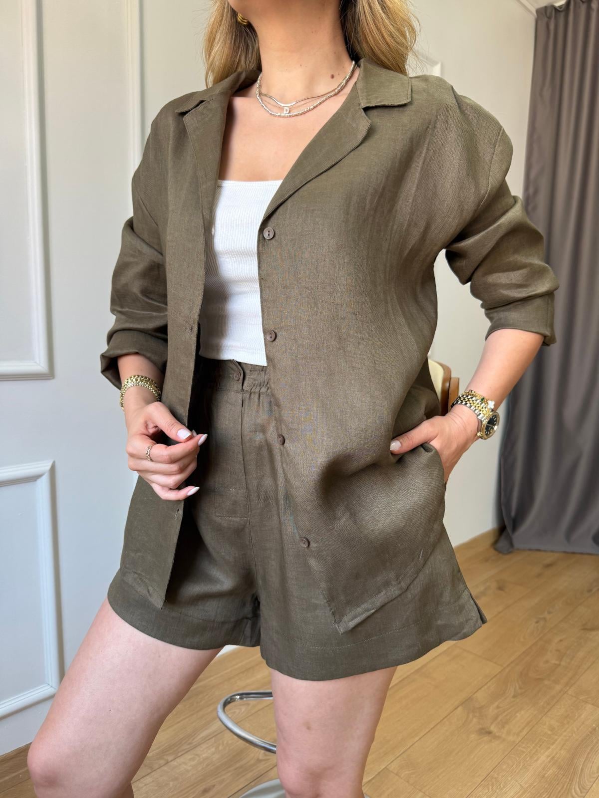 Haki Şortlu Keten Takım