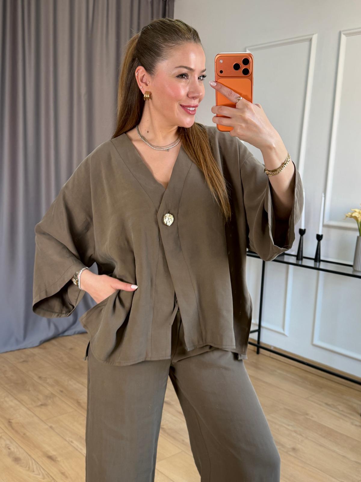 Haki Yan Yırtmaçlı Kimono Takım