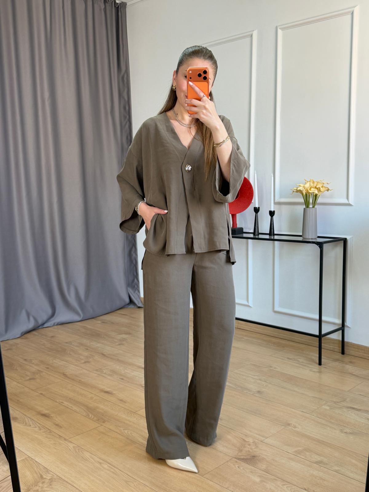 Haki Yan Yırtmaçlı Kimono Takım