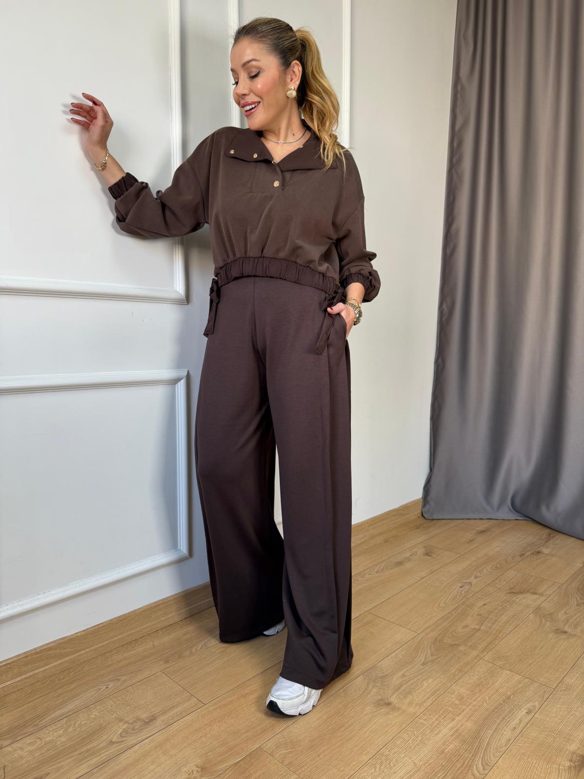Kahve Bel Bağlama Detaylı Sweatshirt