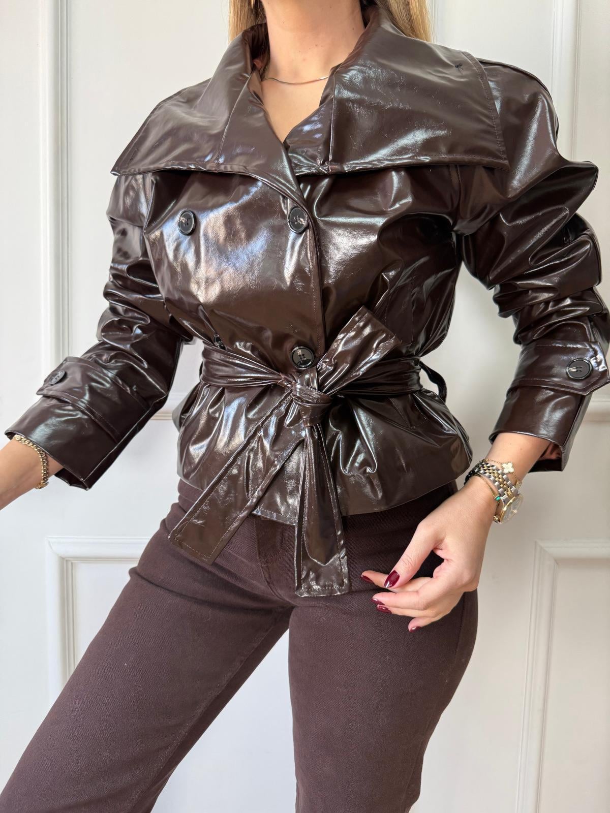 Kahve Belden Bağlamalı Deri Ceket