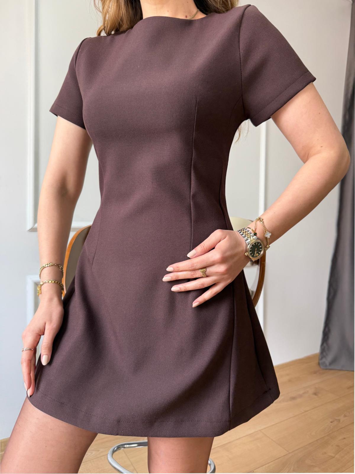 Kahve Belden Oturtmalı Mini Elbise