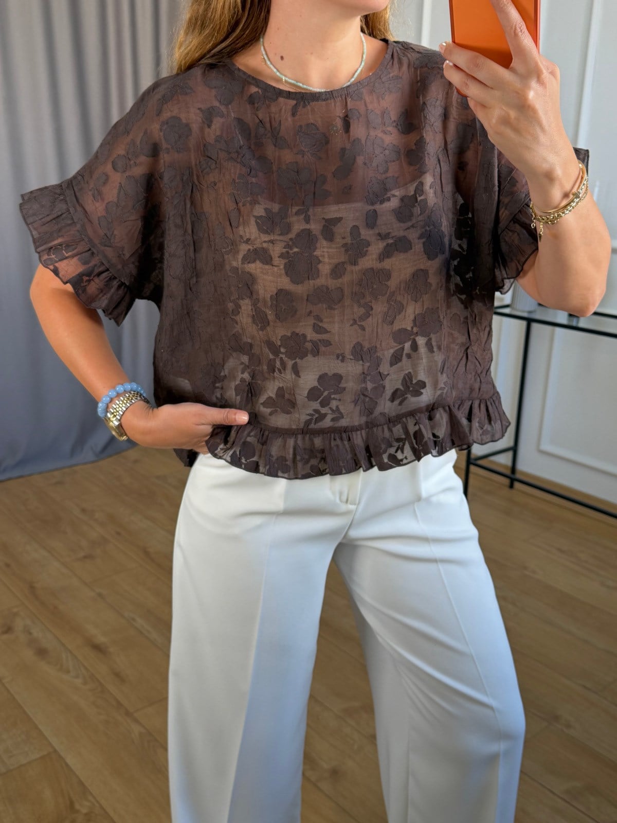 Kahve Fırfır Detay Çiçek Model Bluz