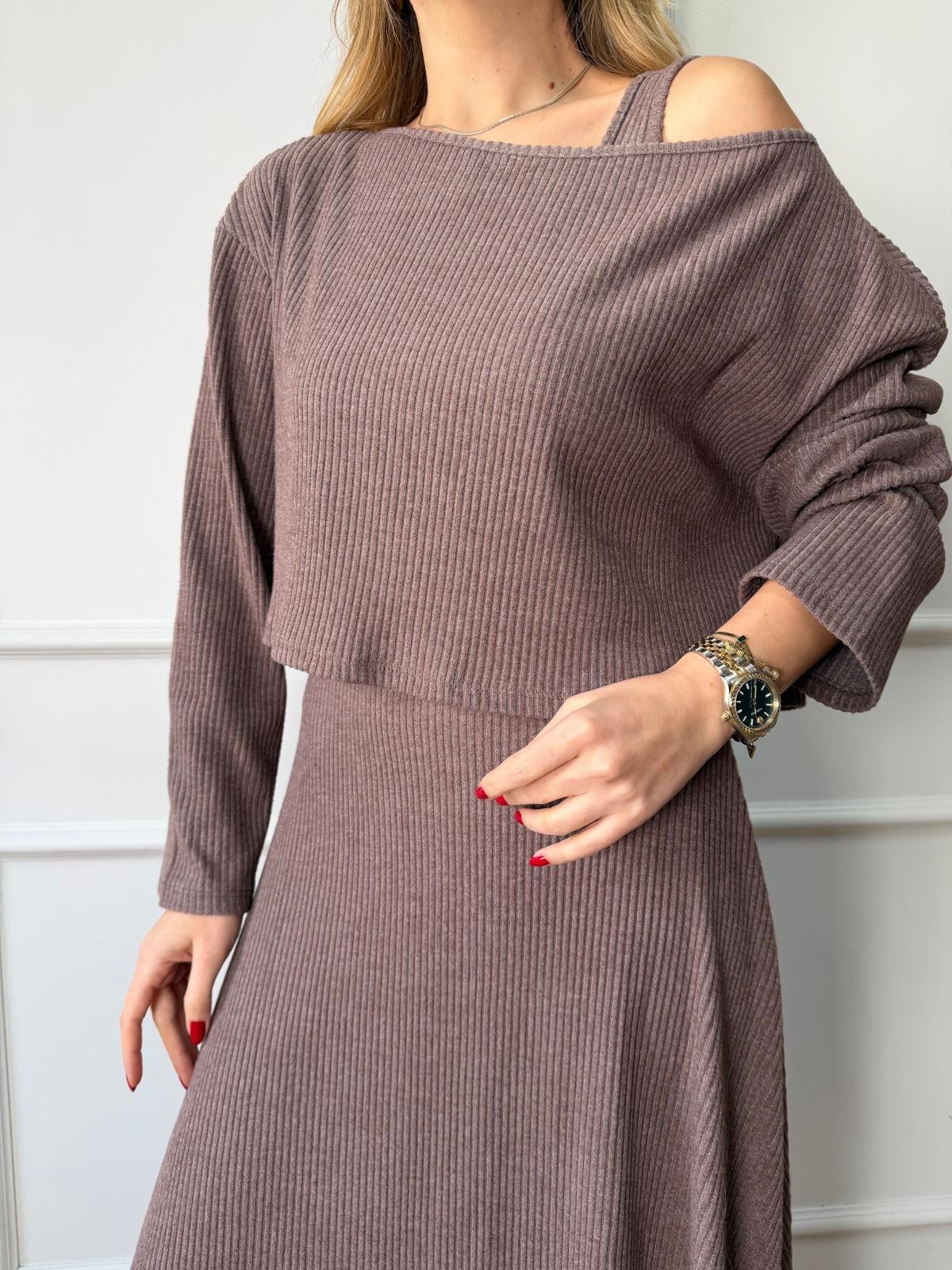 Kahve Fitilli Elbise Bluz Takım