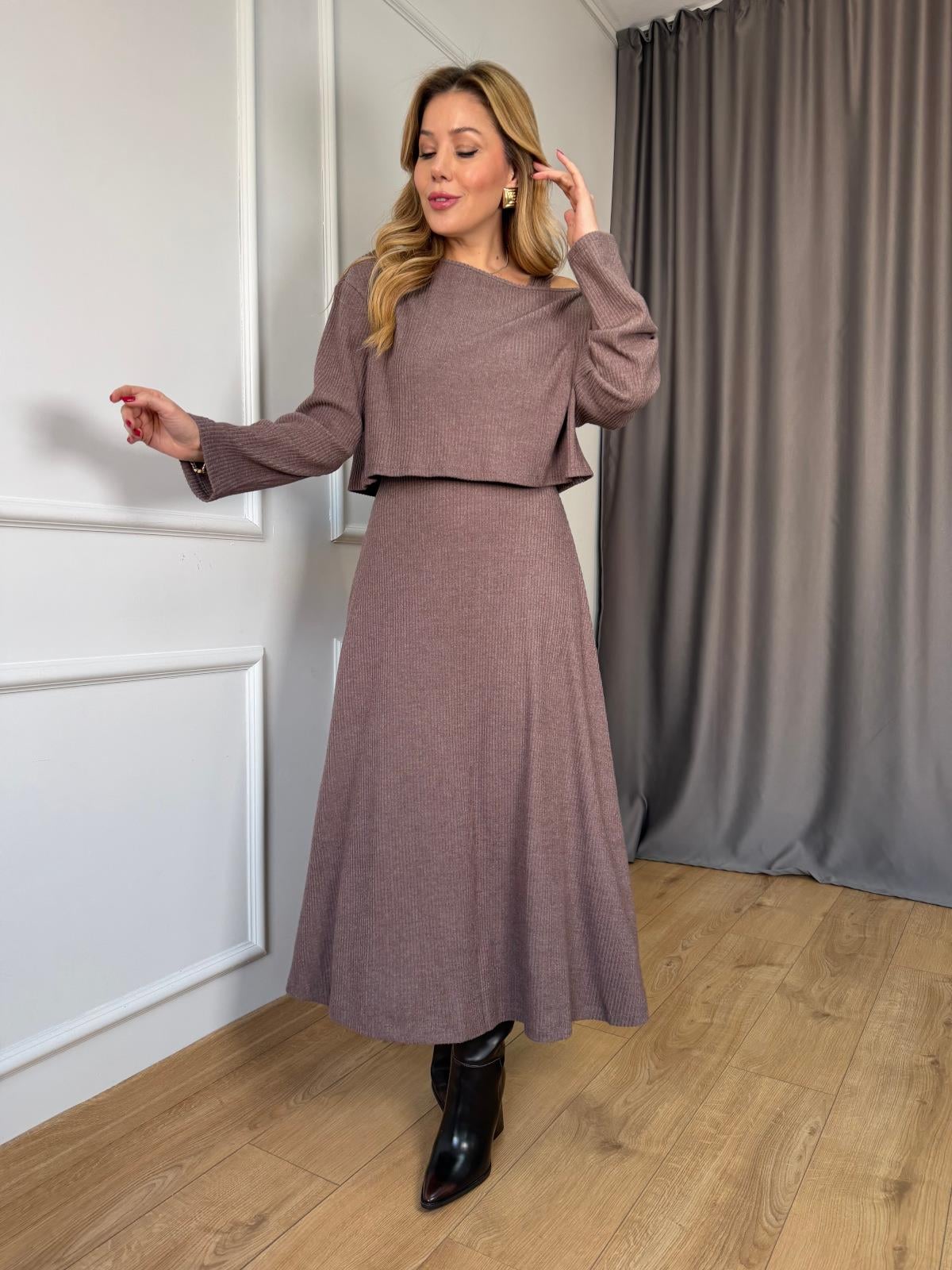 Kahve Fitilli Elbise Bluz Takım