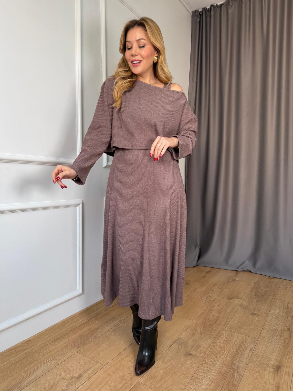 Kahve Fitilli Elbise Bluz Takım