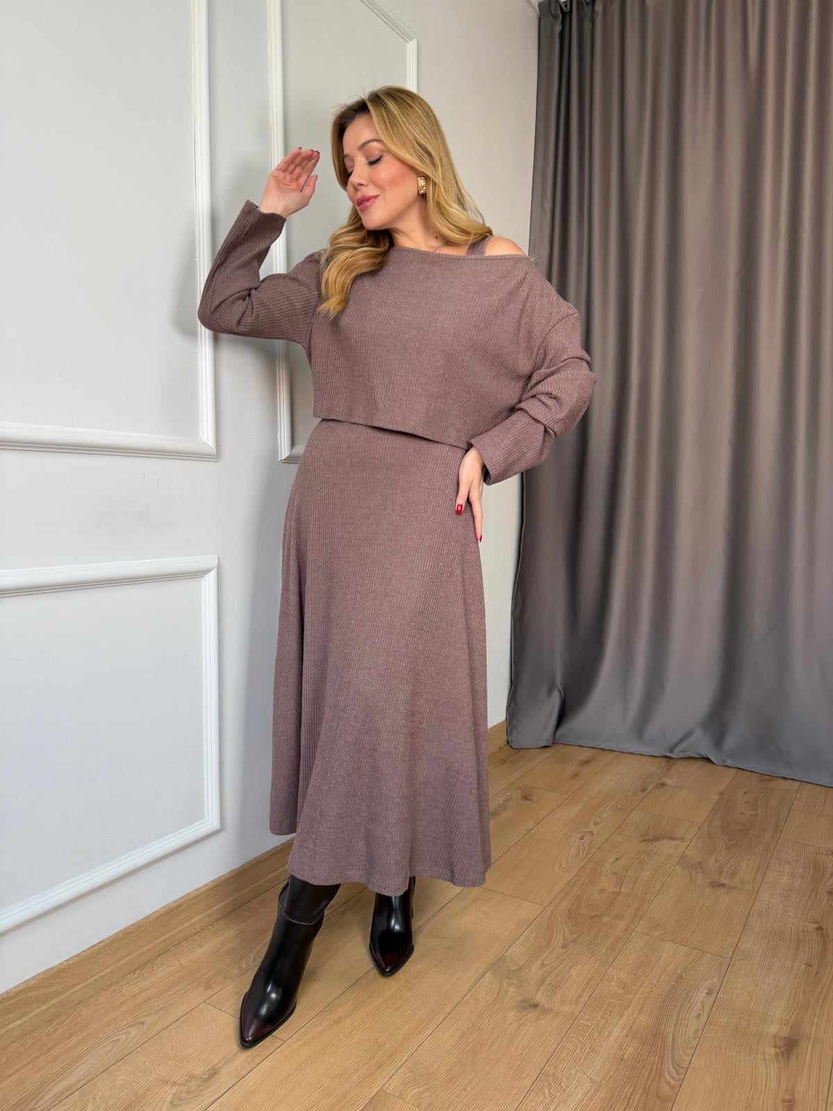 Kahve Fitilli Elbise Bluz Takım