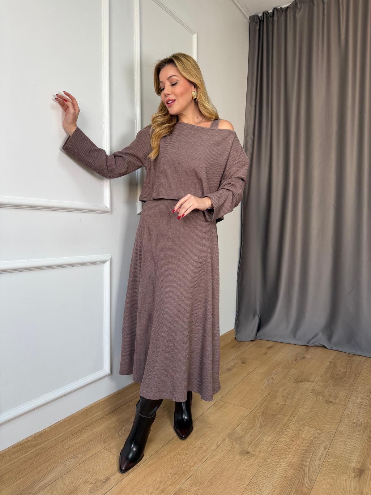 Kahve Fitilli Elbise Bluz Takım