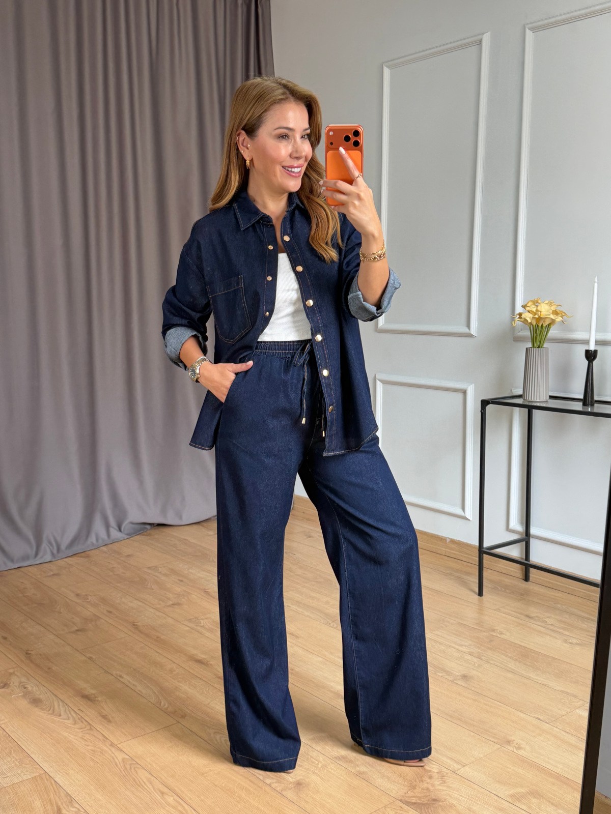 Lacivert Beli Lastikli Denim Takım