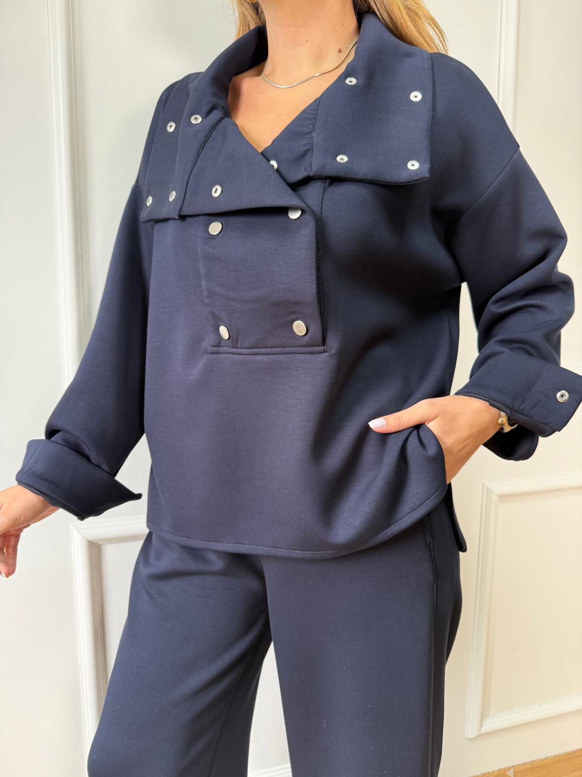 Lacivert Gümüş Düğmeli Modal Takım
