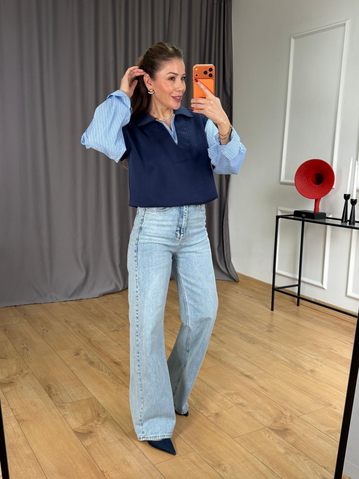 Lacivert Kolu Çizgili Polo Yaka Sweatshirt