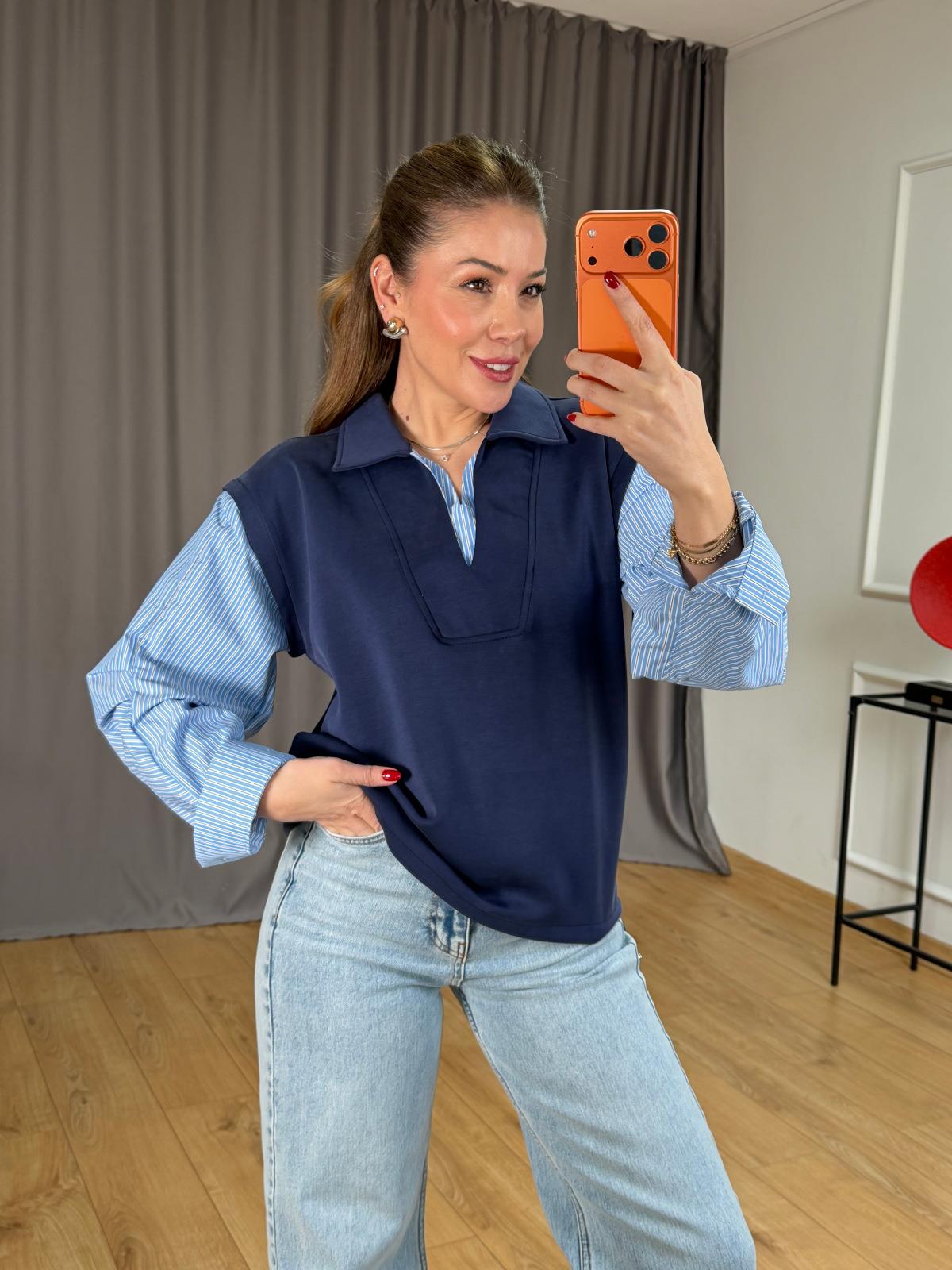 Lacivert Kolu Çizgili Polo Yaka Sweatshirt