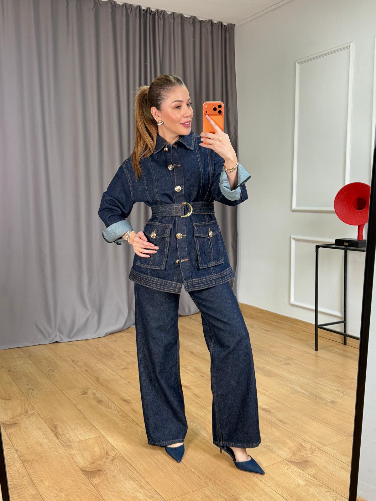 Lacivert Kuşaklı Jean Ceket