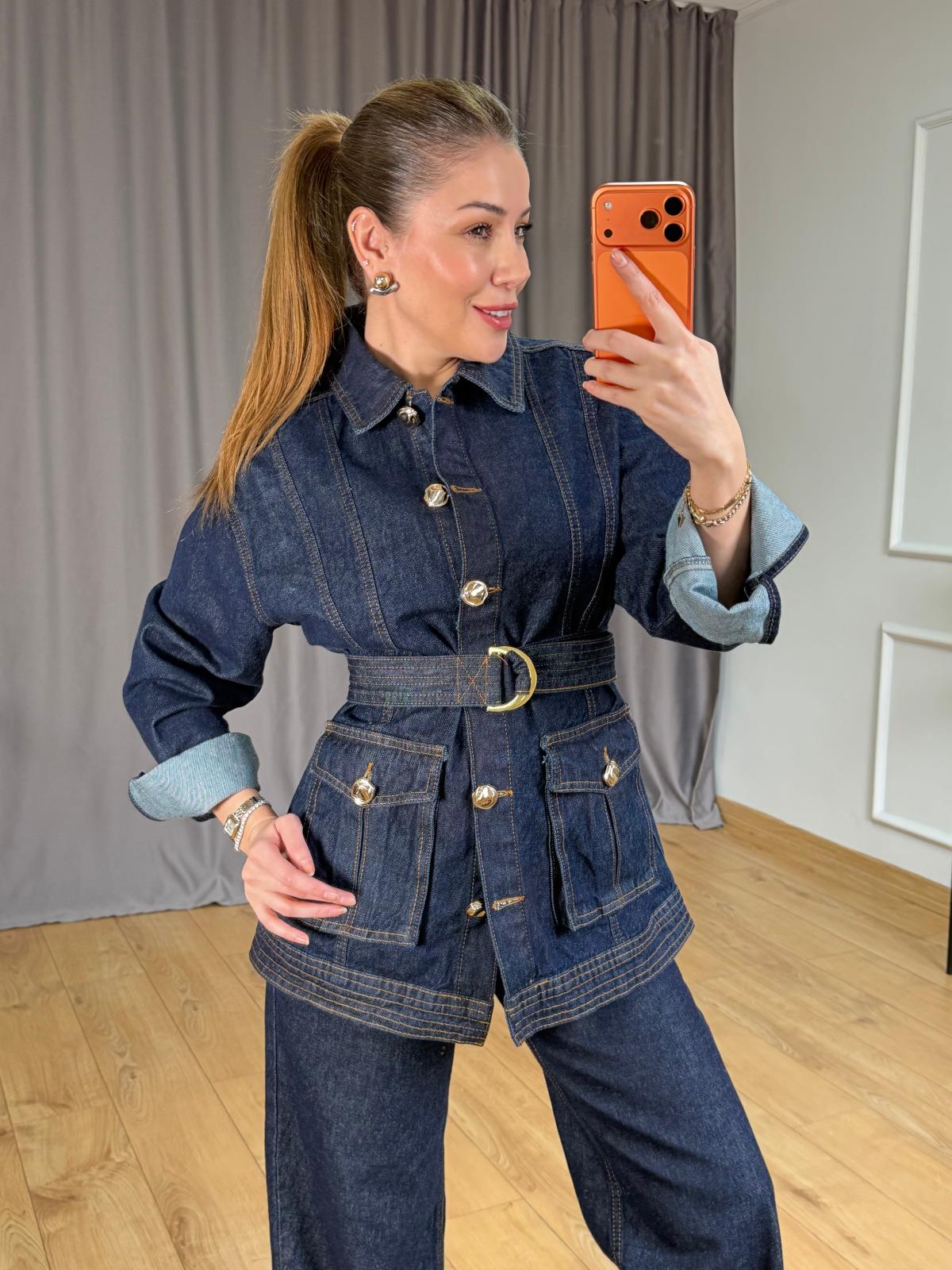 Lacivert Kuşaklı Jean Ceket