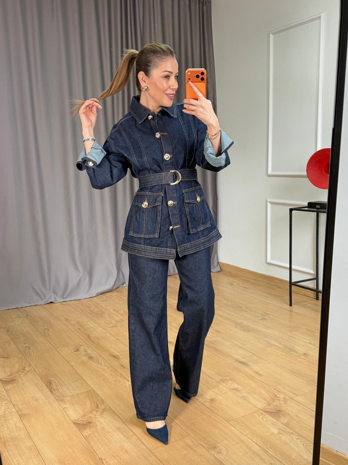 Lacivert Kuşaklı Jean Ceket