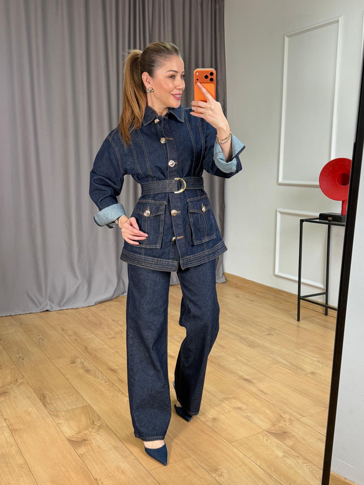 Lacivert Kuşaklı Jean Ceket
