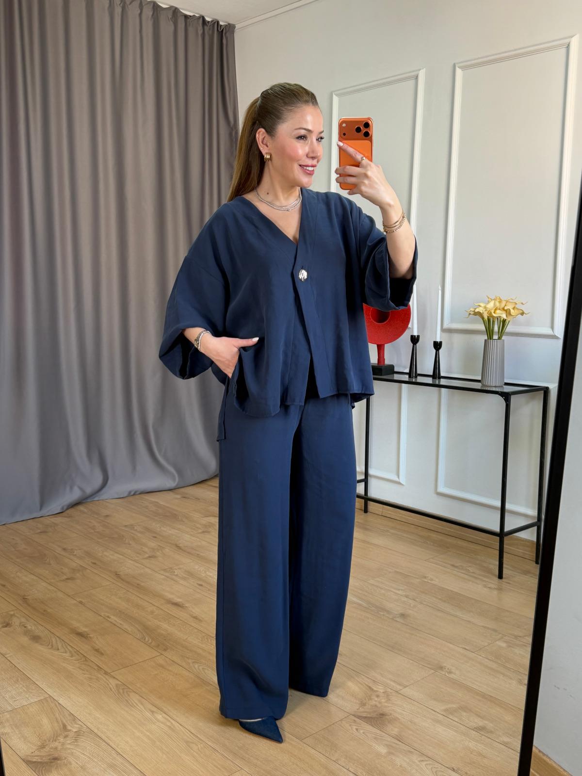 Lacivert Yan Yırtmaçlı Kimono Takım