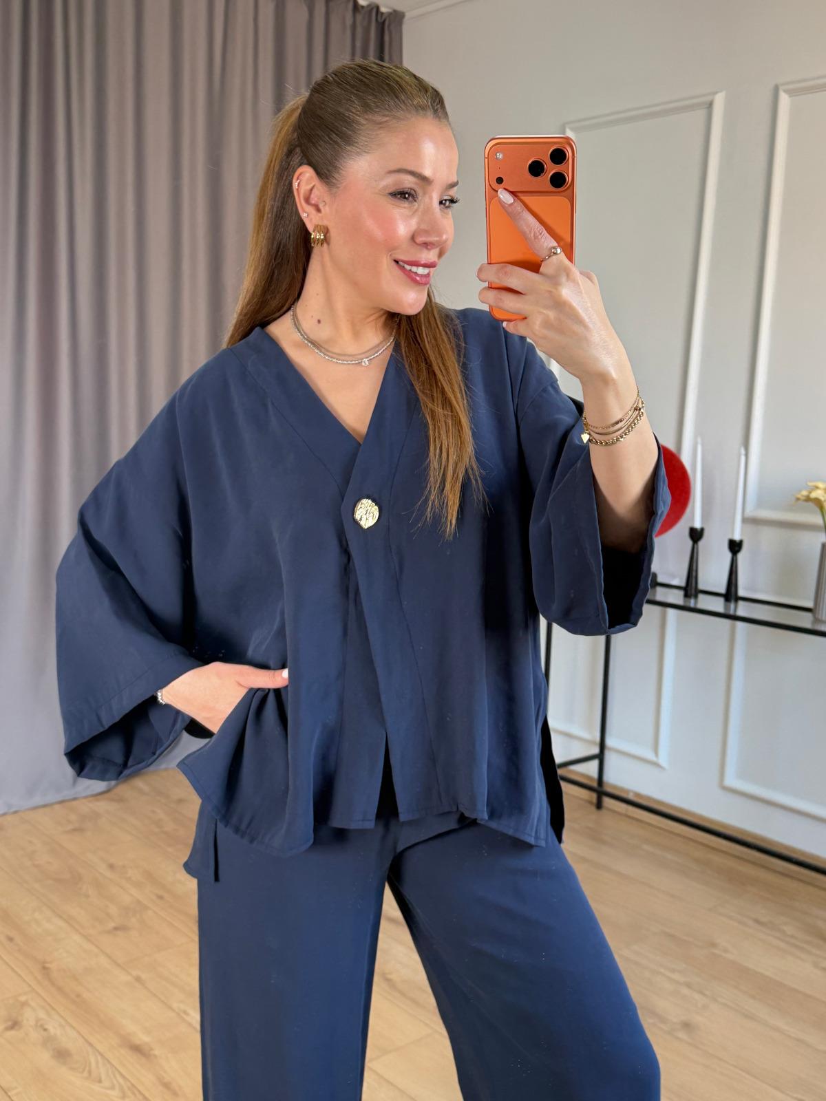 Lacivert Yan Yırtmaçlı Kimono Takım