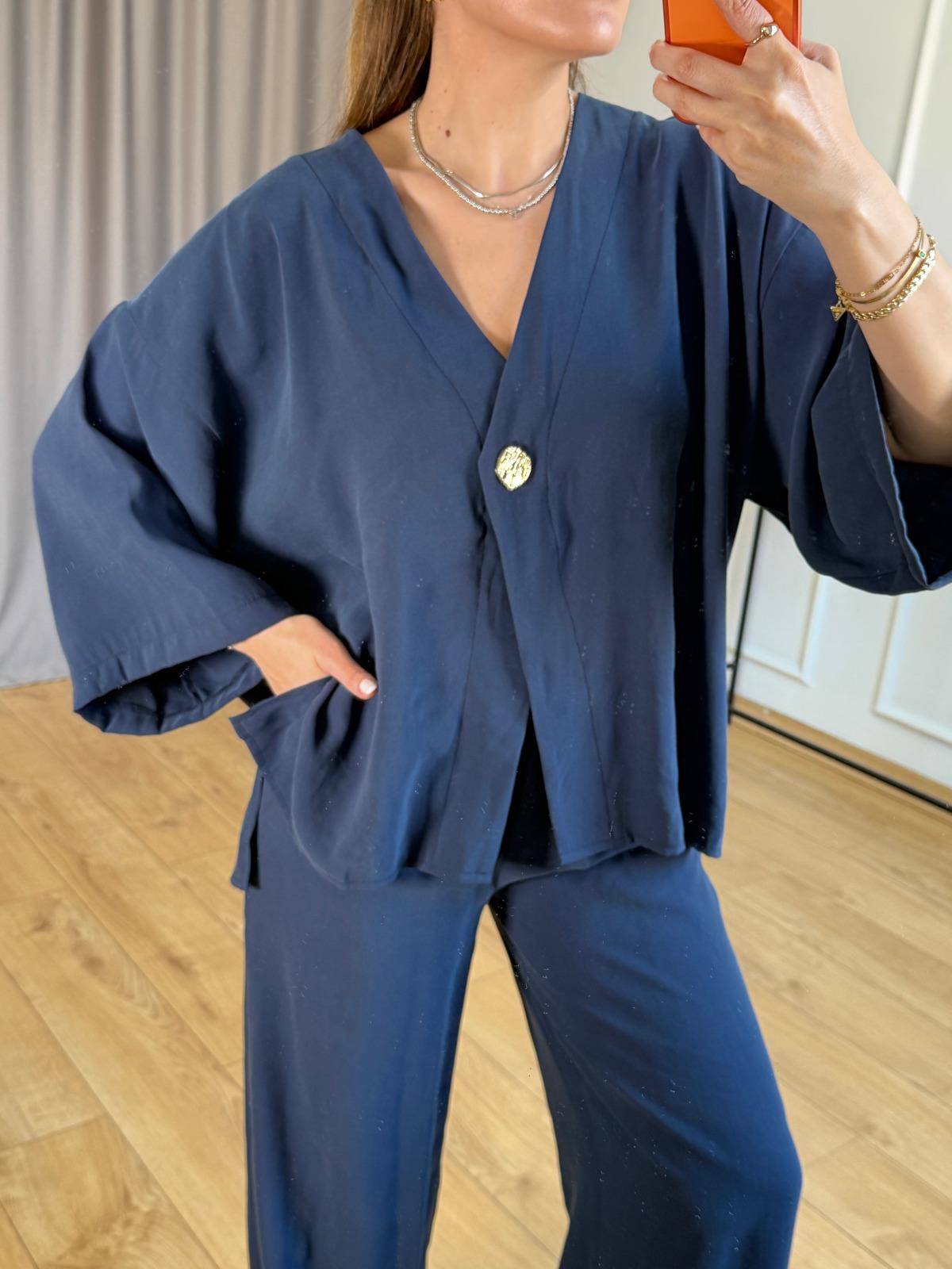 Lacivert Yan Yırtmaçlı Kimono Takım