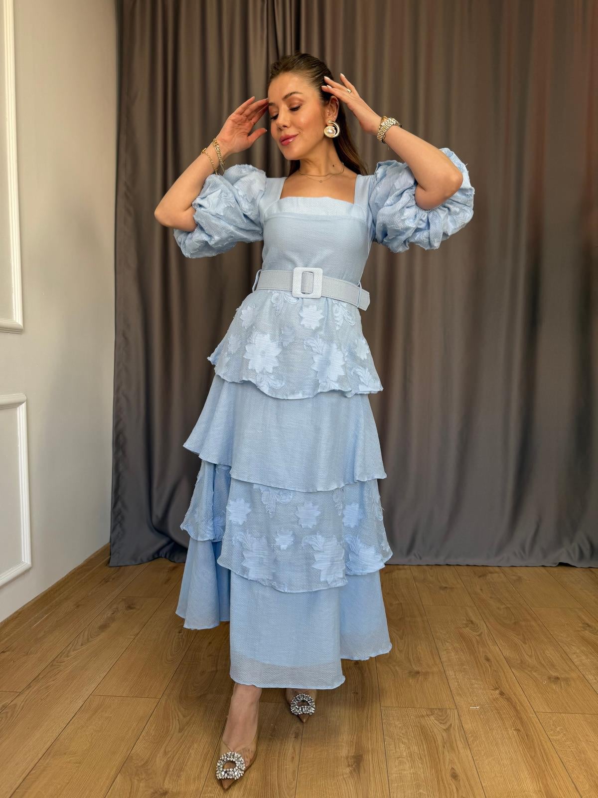 Mavi Balon Kol Kat Kat Elbise