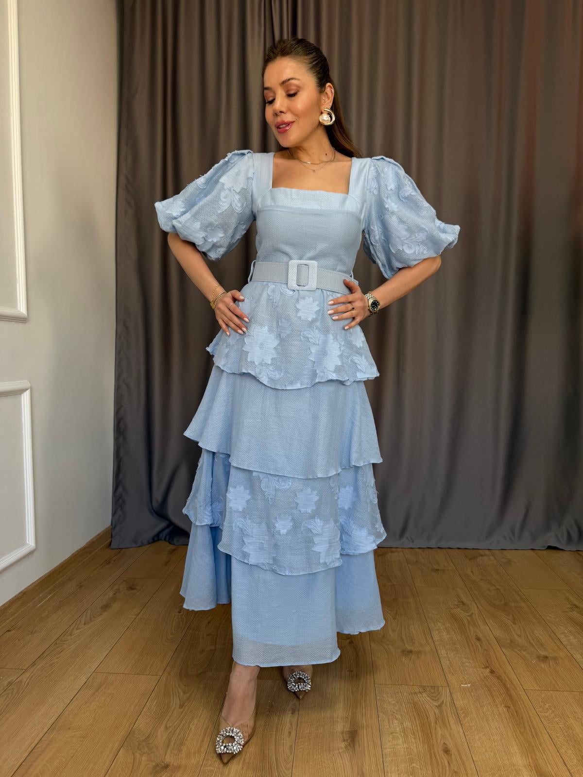 Mavi Balon Kol Kat Kat Elbise