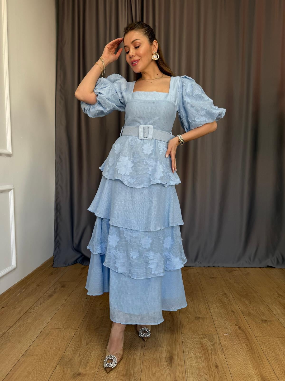 Mavi Balon Kol Kat Kat Elbise