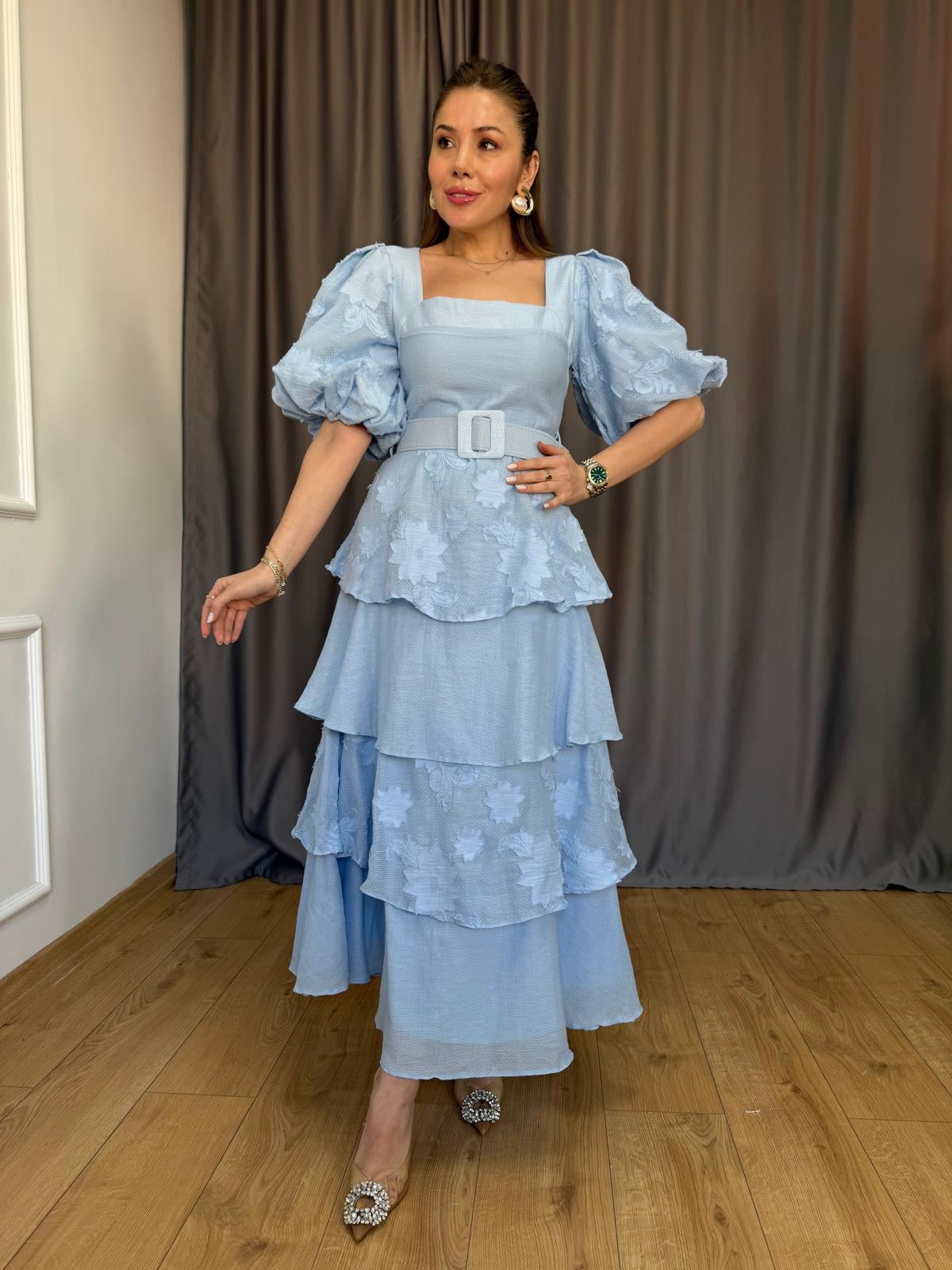 Mavi Balon Kol Kat Kat Elbise