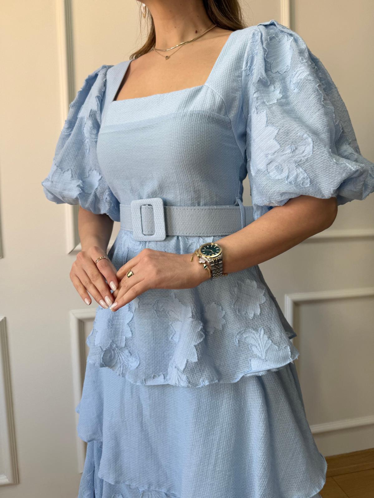 Mavi Balon Kol Kat Kat Elbise