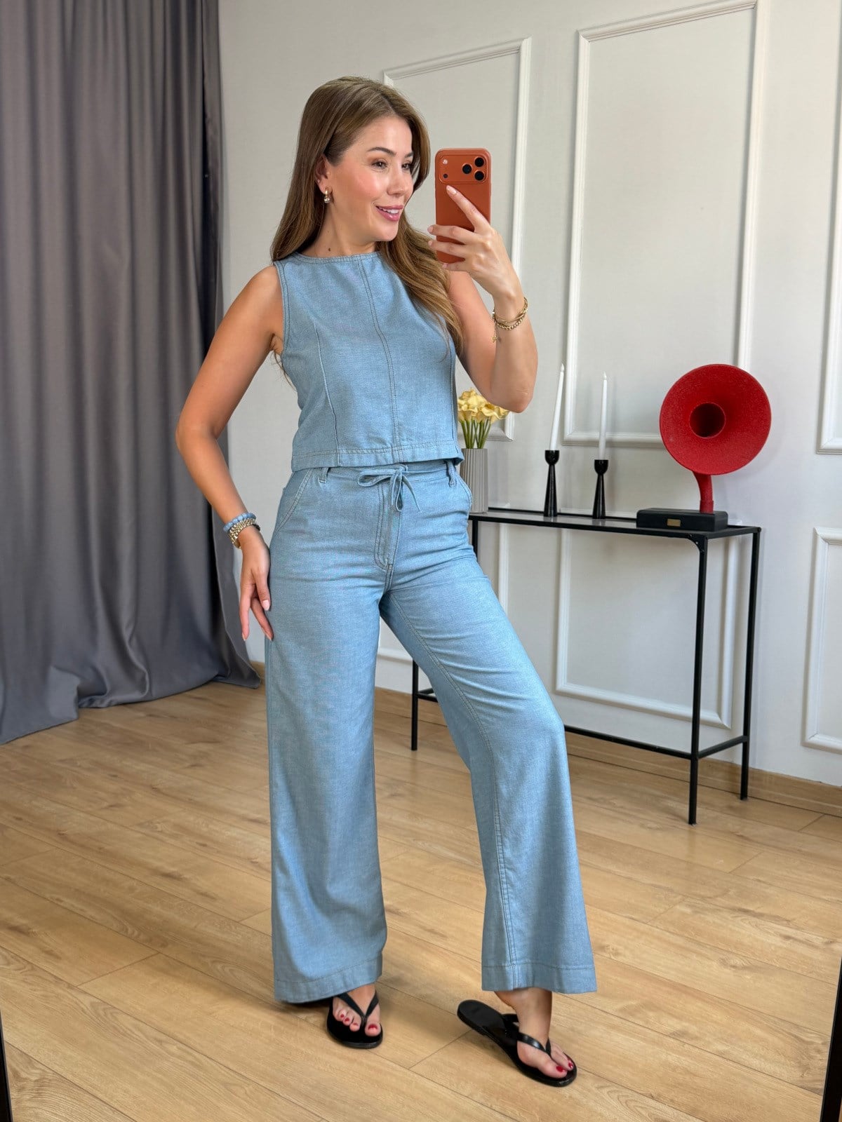 Mavi Beli Bağlamalı Bluz Pantolon Takım