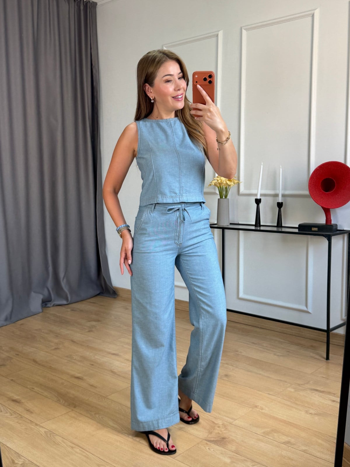 Mavi Beli Bağlamalı Bluz Pantolon Takım