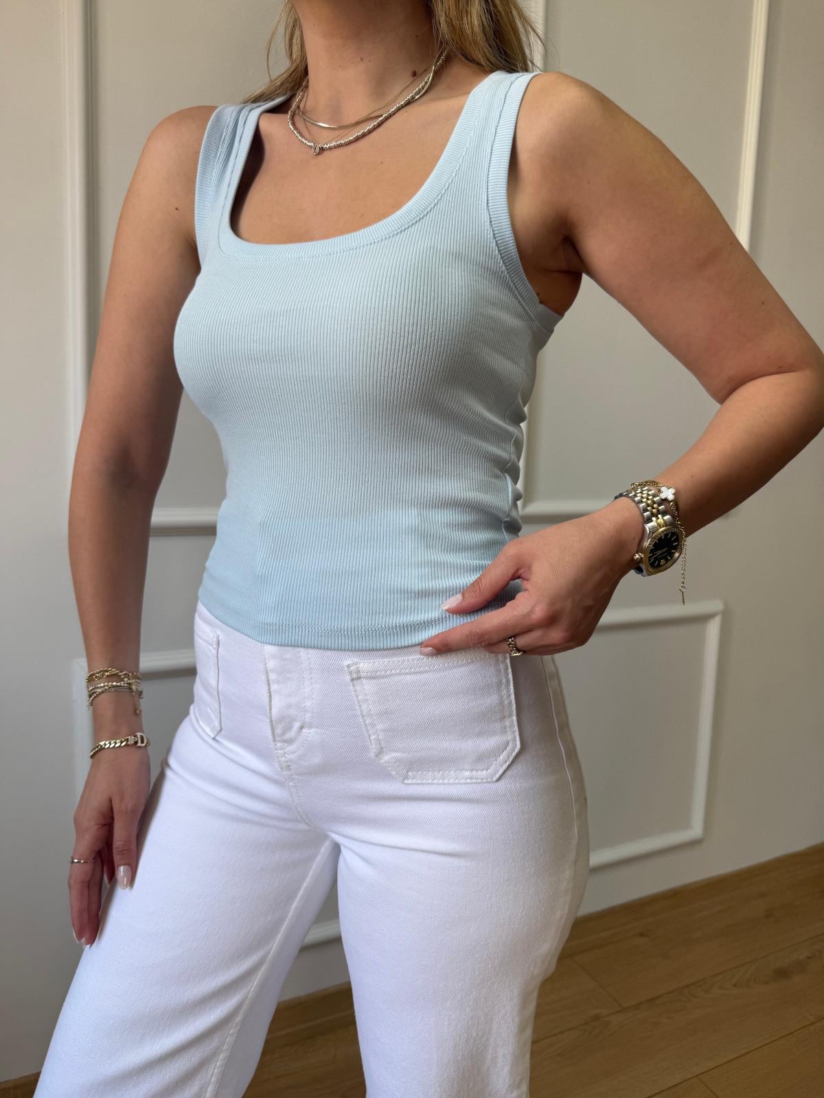 Mavi Fitilli Kalın Askılı Bluz