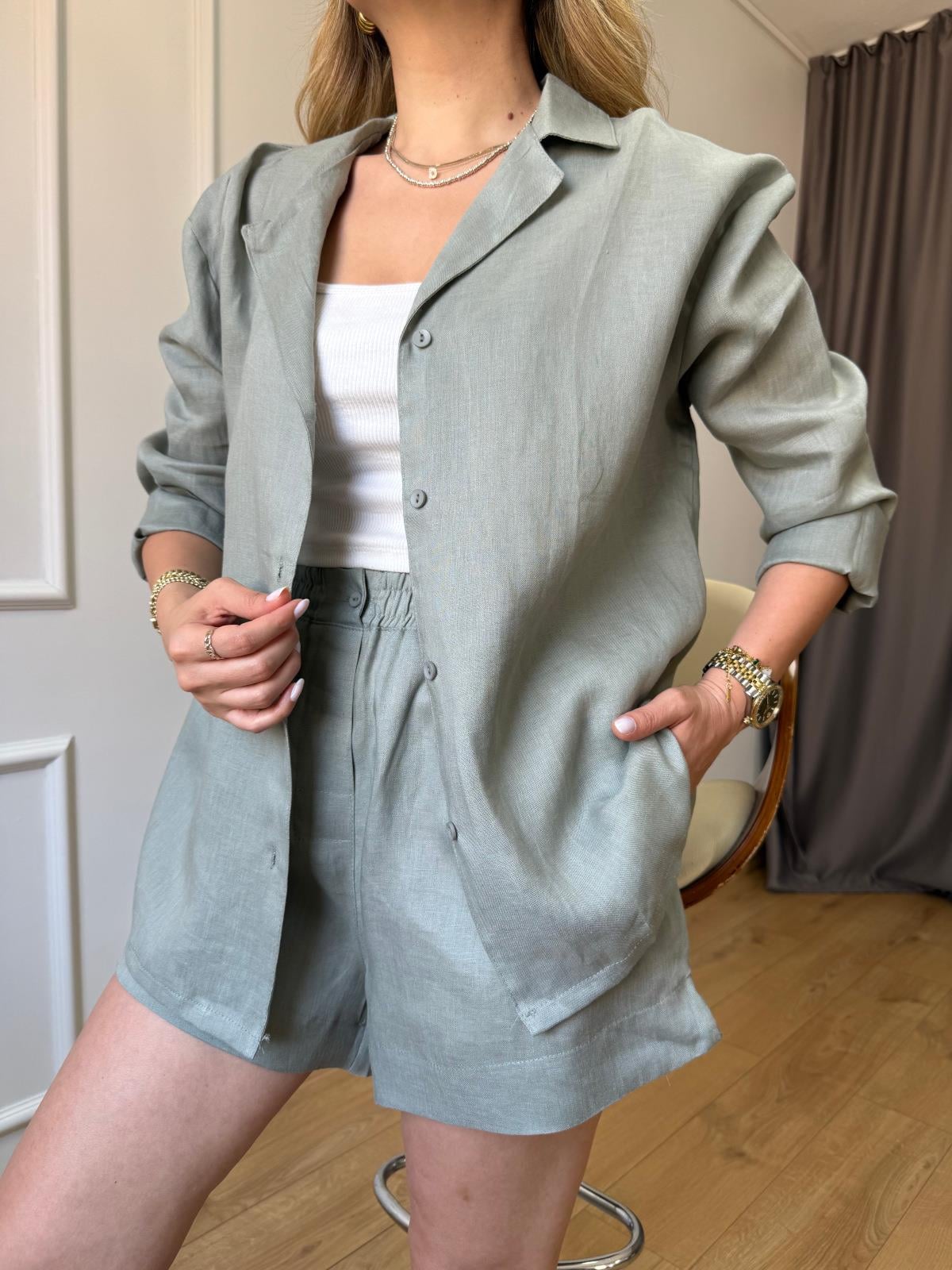 Mint Yeşili Şortlu Keten Takım