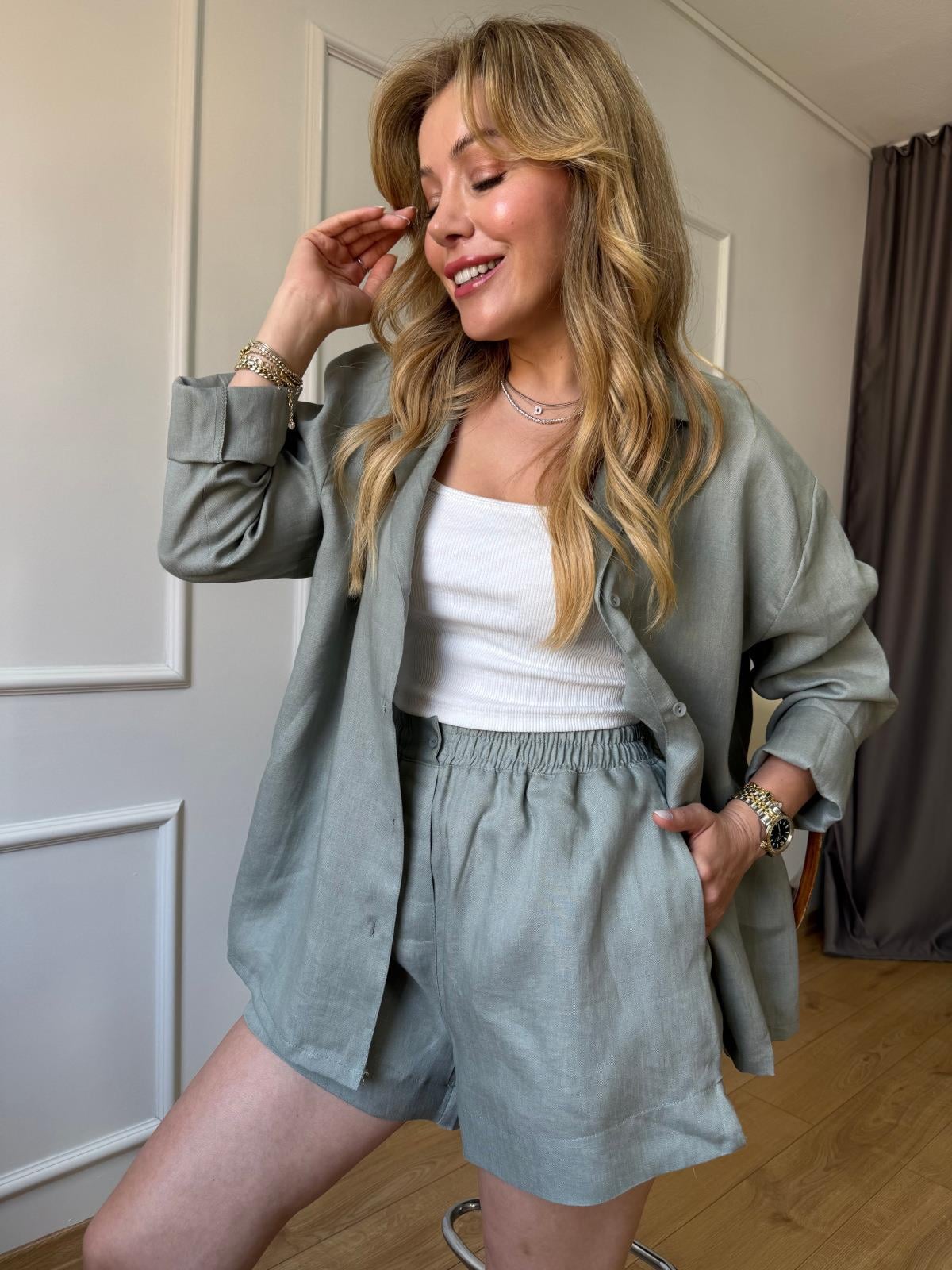 Mint Yeşili Şortlu Keten Takım