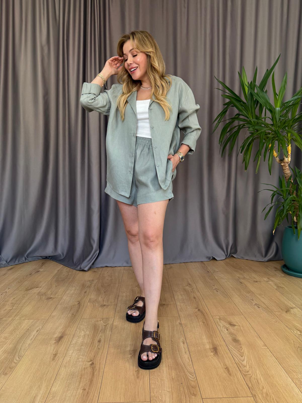 Mint Yeşili Şortlu Keten Takım