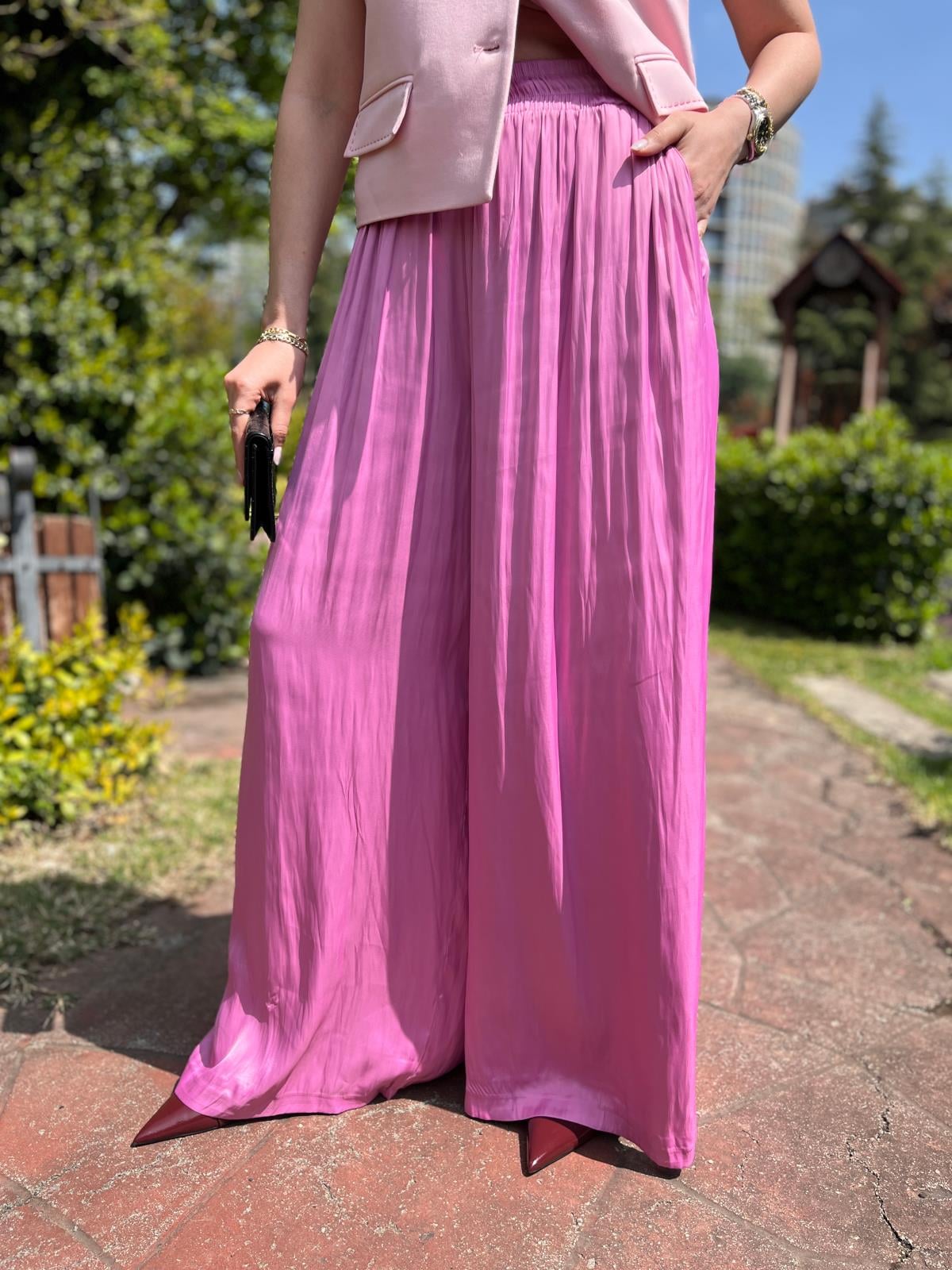 Pembe Bel İp Bağlamalı Pantolon