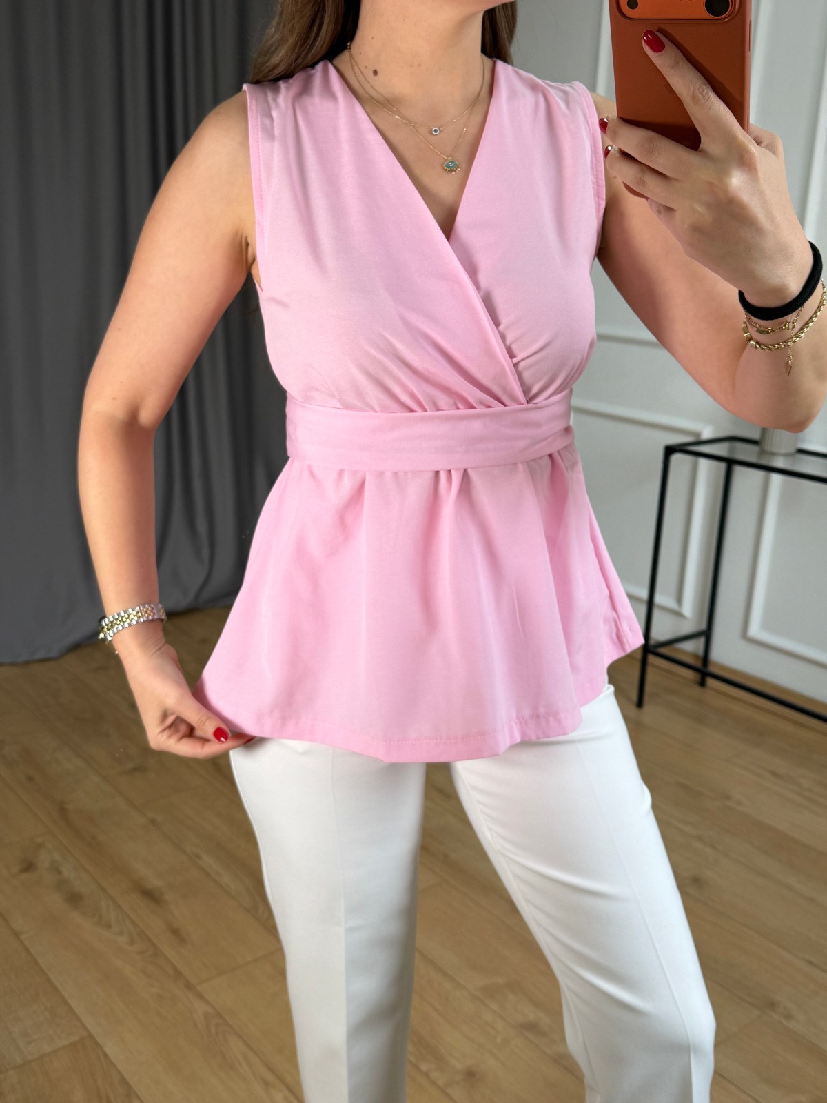 Pembe Beli Kuşaklı Bluz