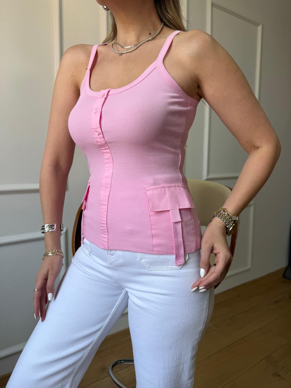 Pembe Cep Detaylı Askılı Bluz