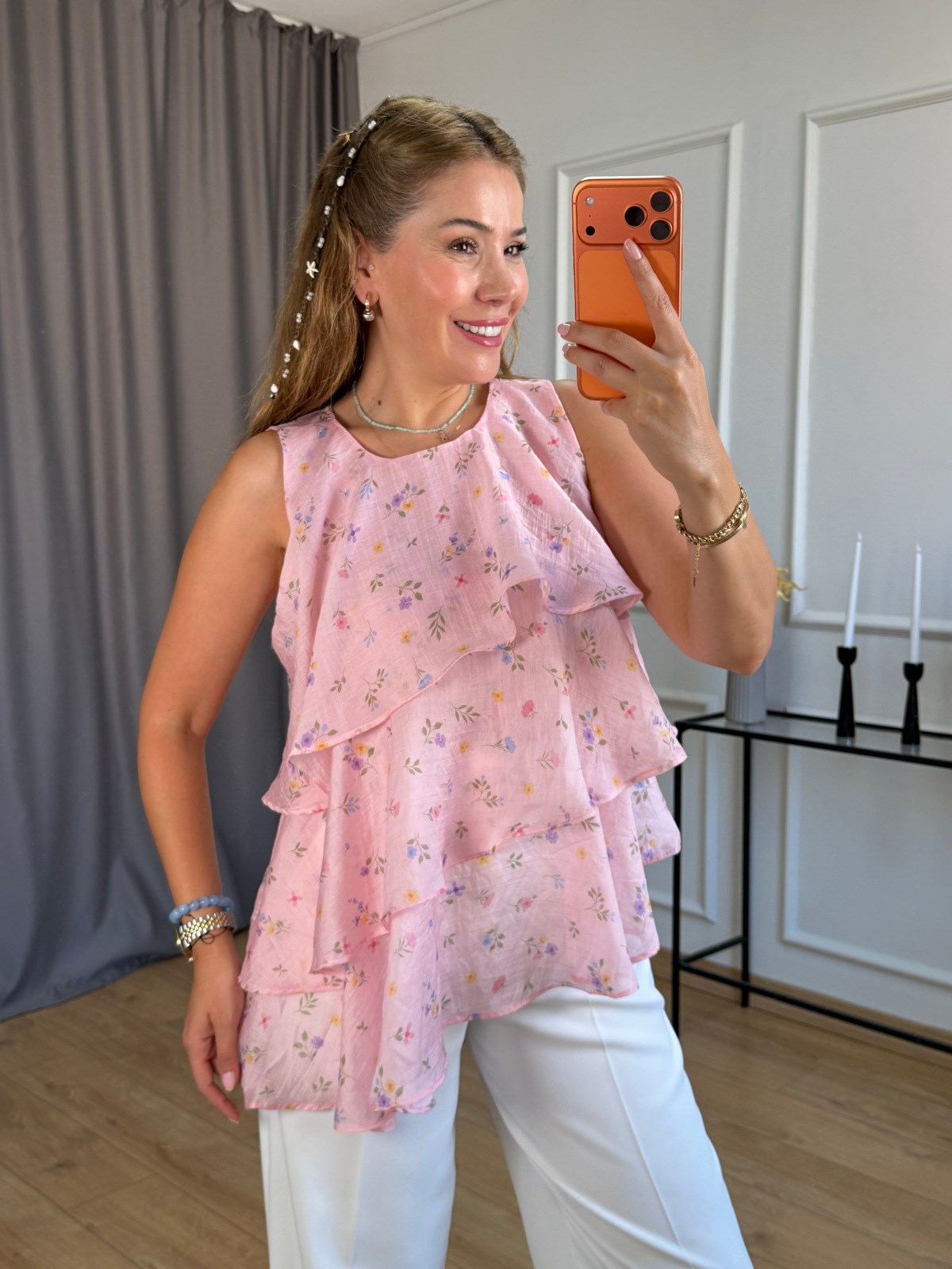 Pembe Çiçek Desenli Katkat Bluz