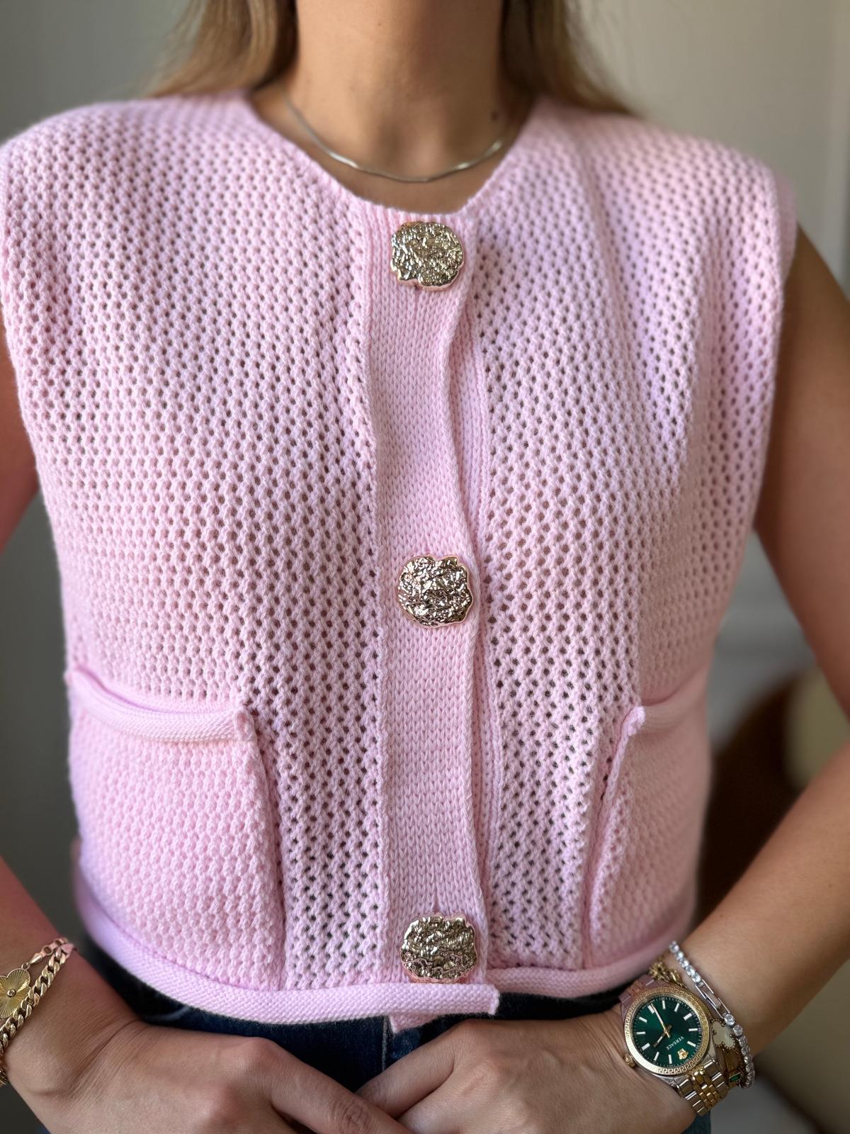 Pembe Delikli Örgü Cepli Yelek