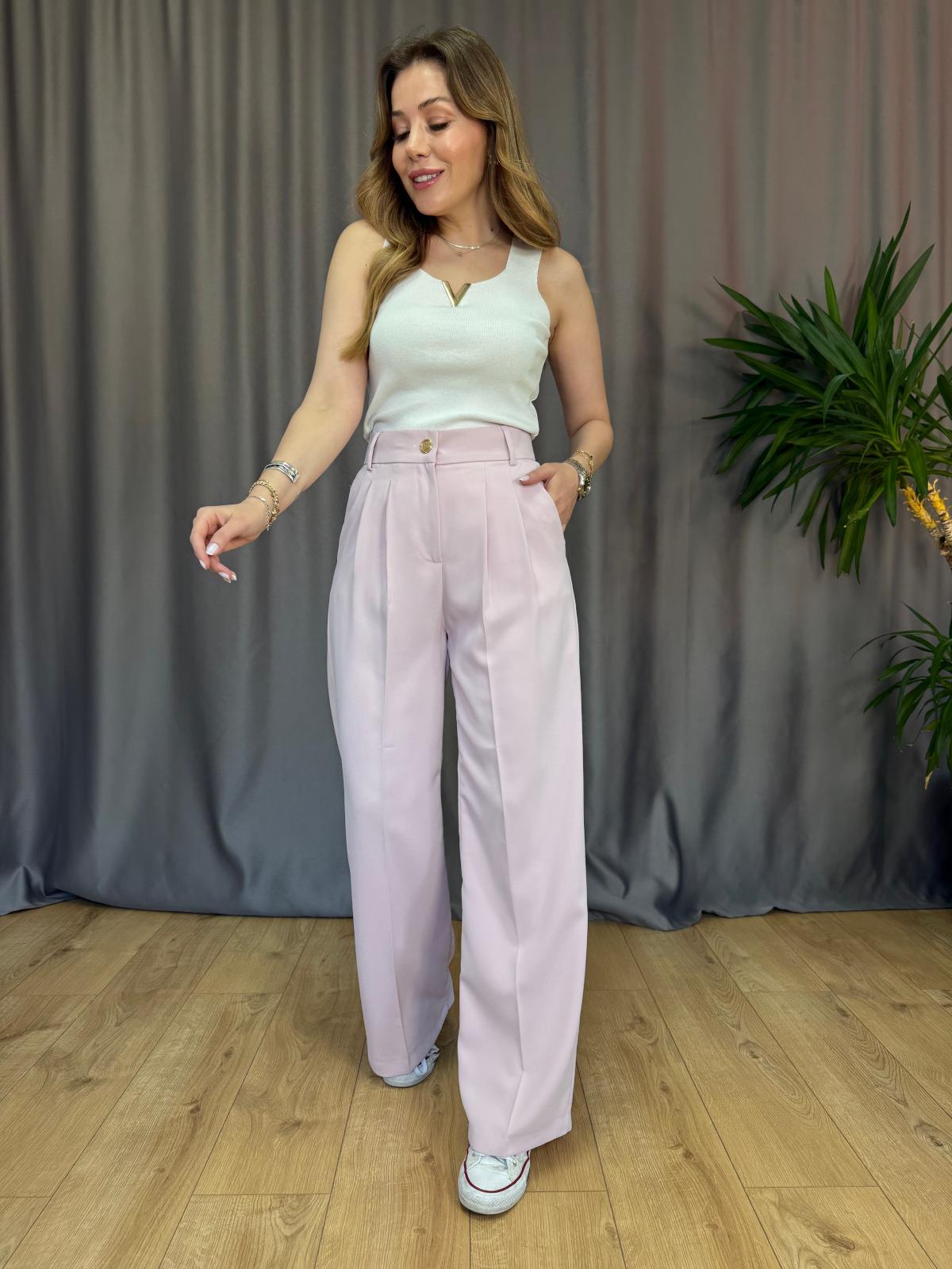 Pembe Gold Düğmeli Palazzo Pantolon