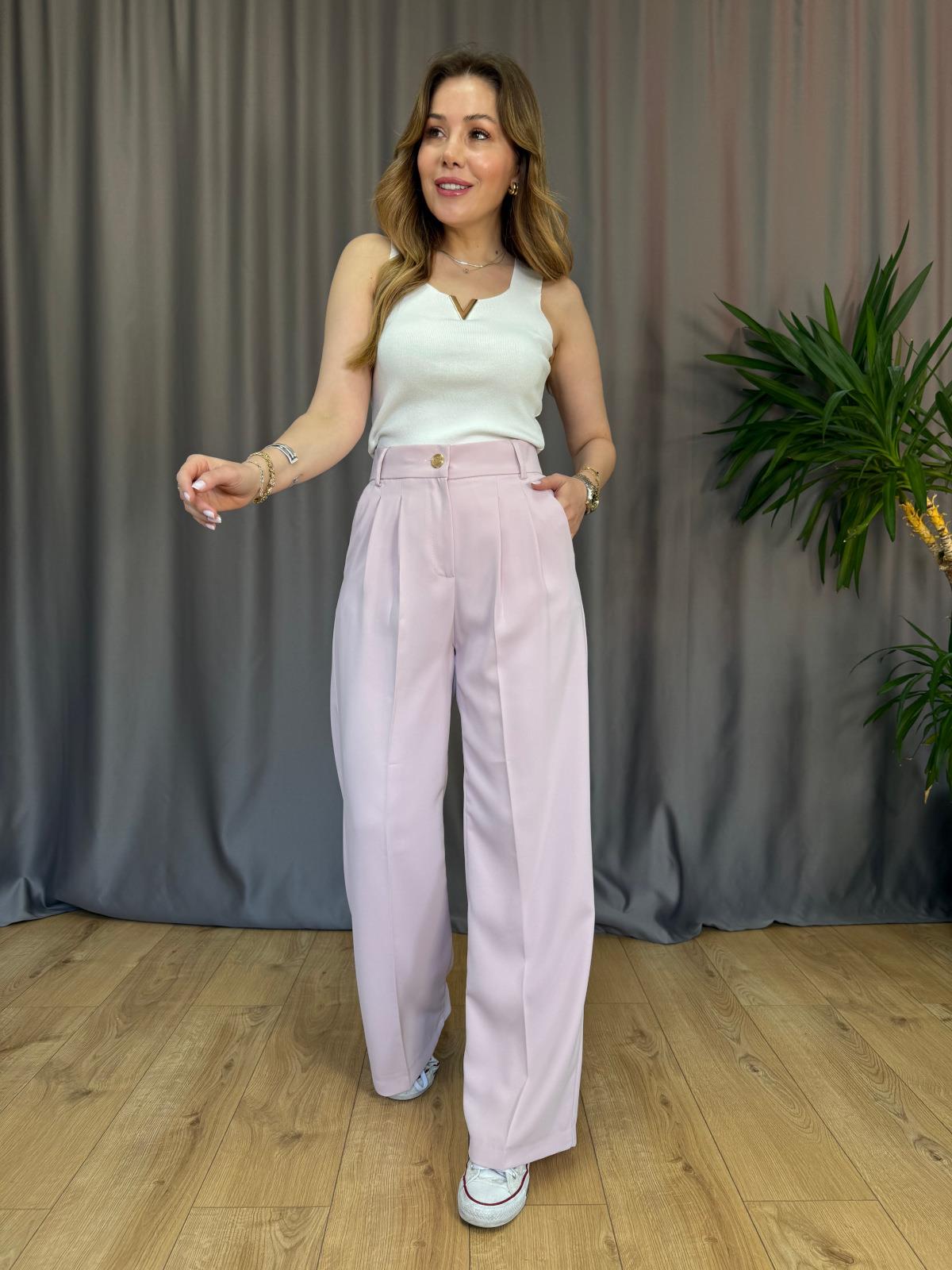 Pembe Gold Düğmeli Palazzo Pantolon