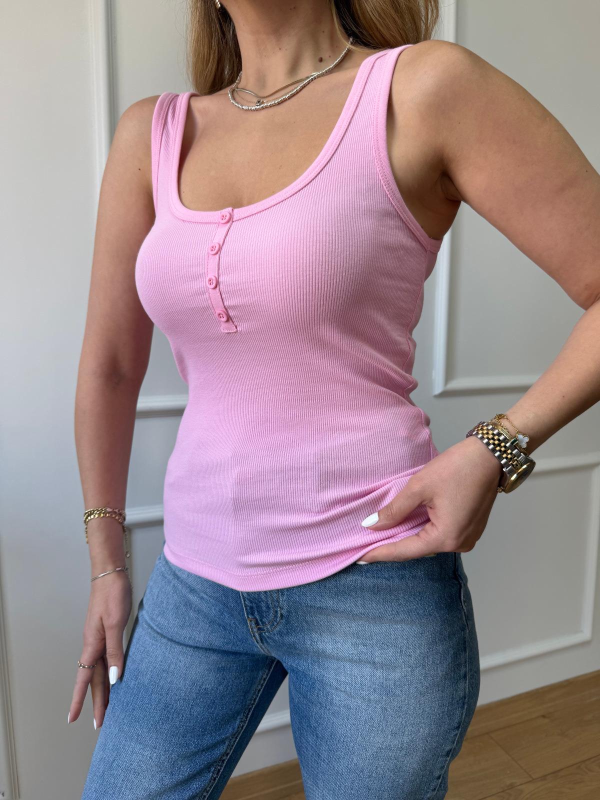 Pembe Ön Düğme Detaylı Askılı Bluz