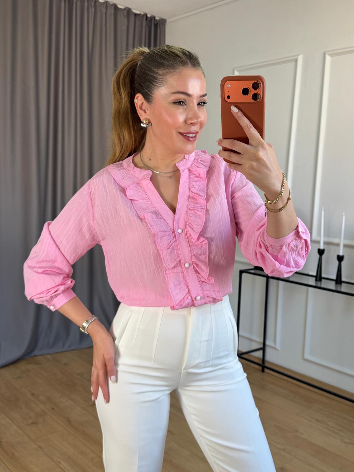 Pembe Ön Fırfır Detaylı Gömlek